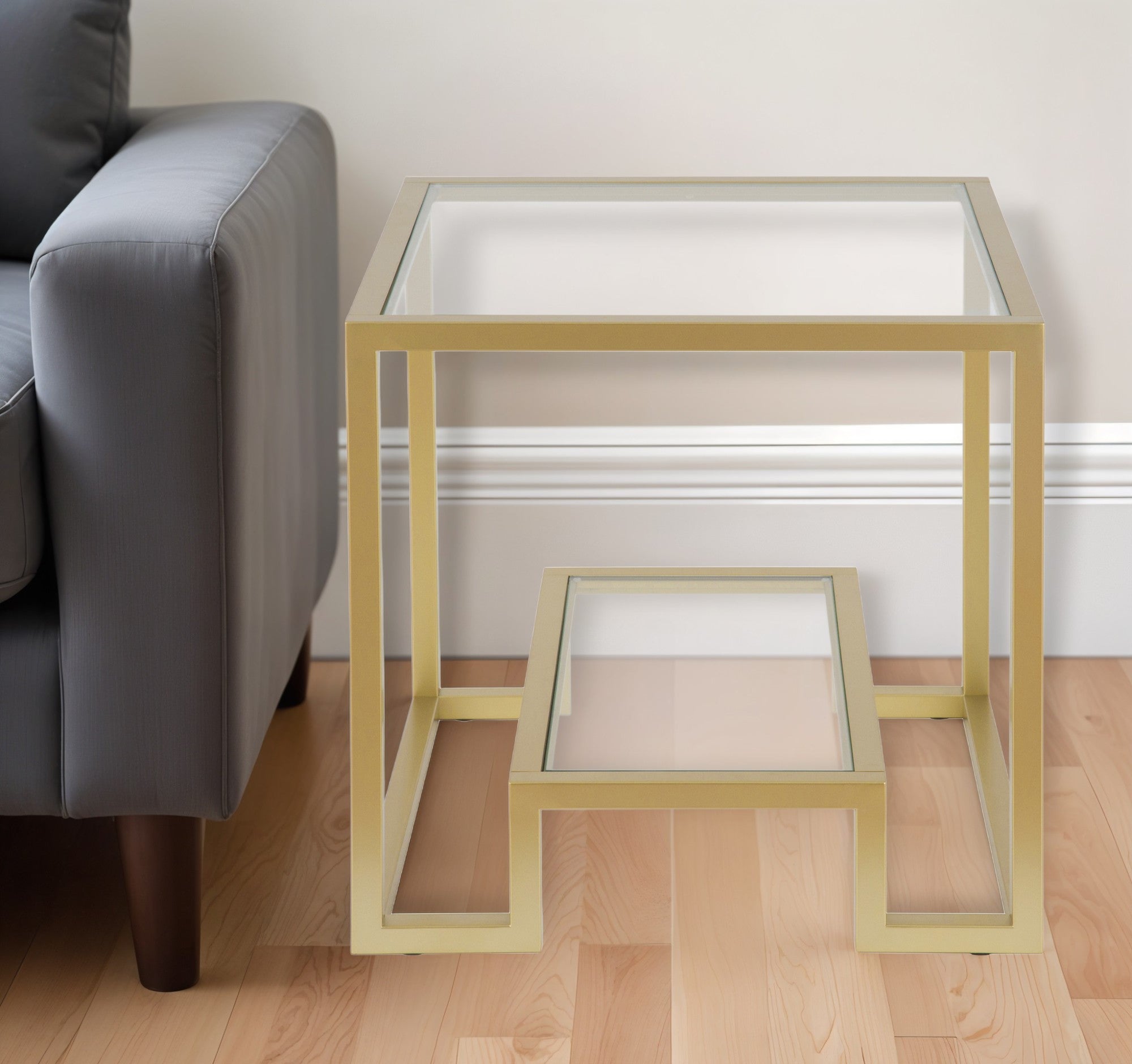 22" Brass And Clear Glass And Steel Square End Table With Shelf