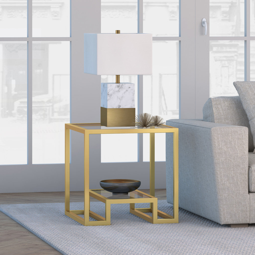 22" Brass And Clear Glass And Steel Square End Table With Shelf