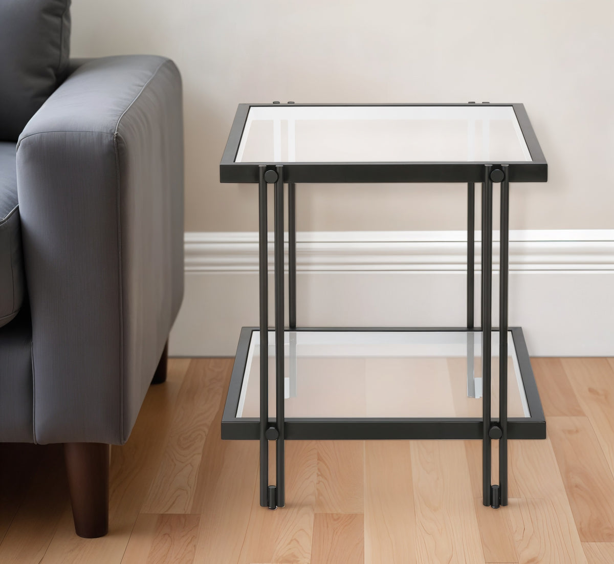 22" Black And Clear Glass And Steel Square End Table With Shelf