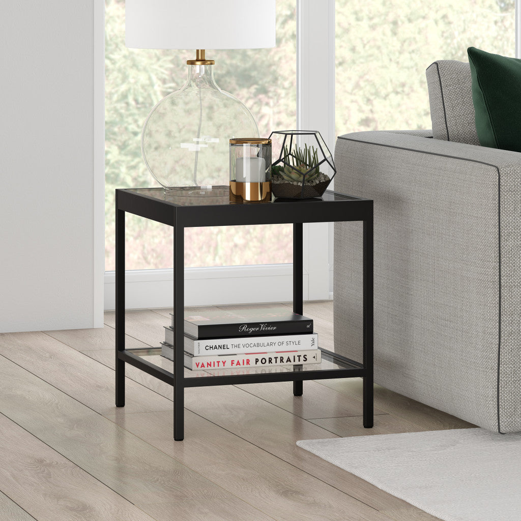 22" Black And Clear Glass And Steel Square End Table With Shelf