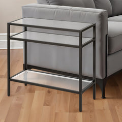 24" Black And Clear Glass And Steel End Table With Two Shelves