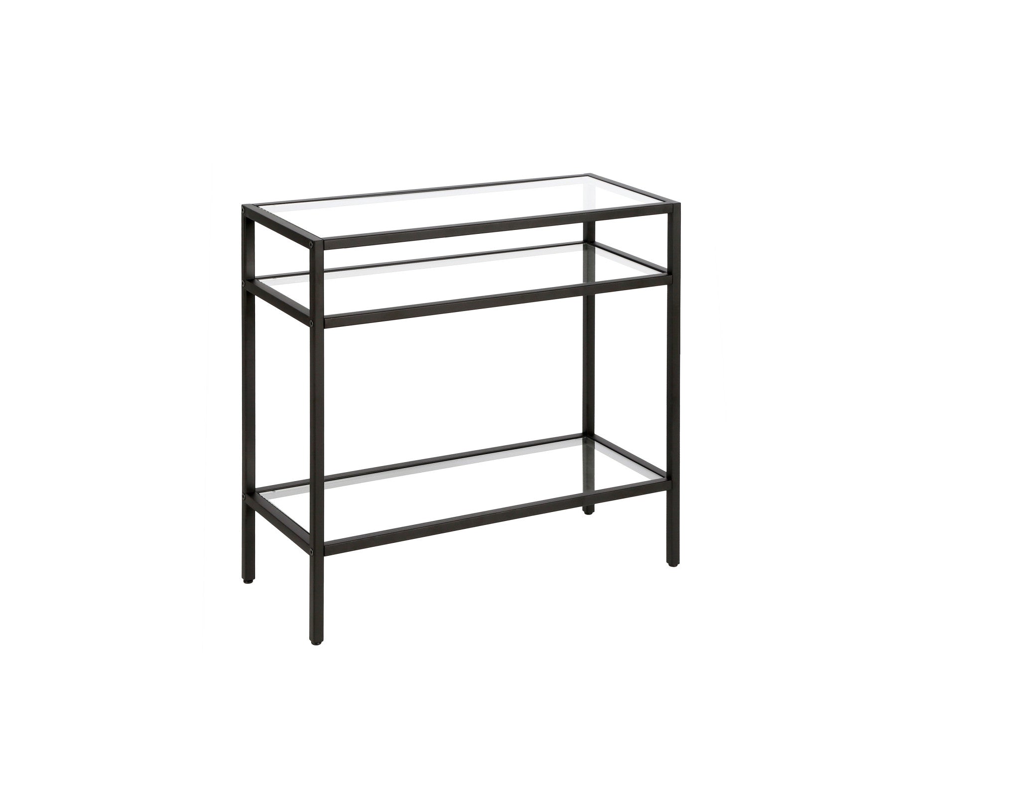 24" Black And Clear Glass And Steel End Table With Two Shelves