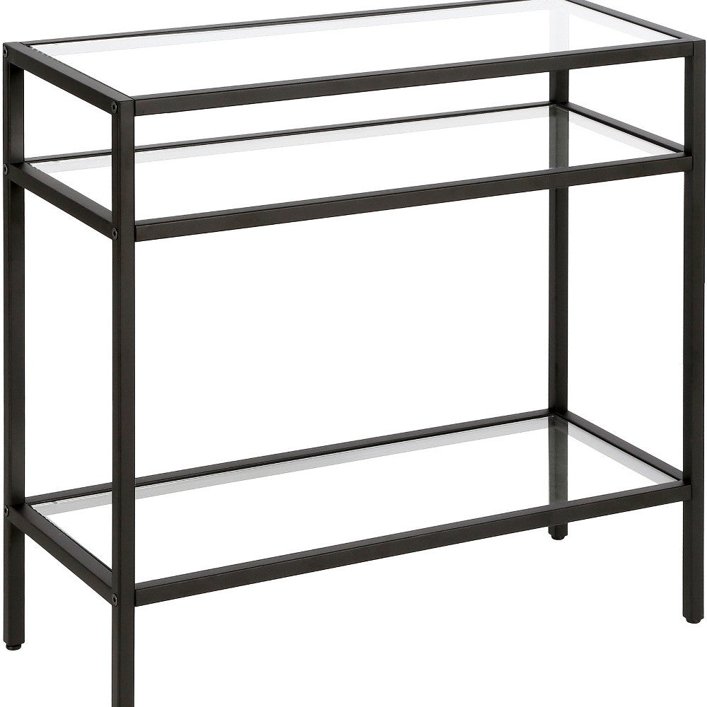 24" Black And Clear Glass And Steel End Table With Two Shelves