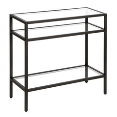 24" Black And Clear Glass And Steel End Table With Two Shelves