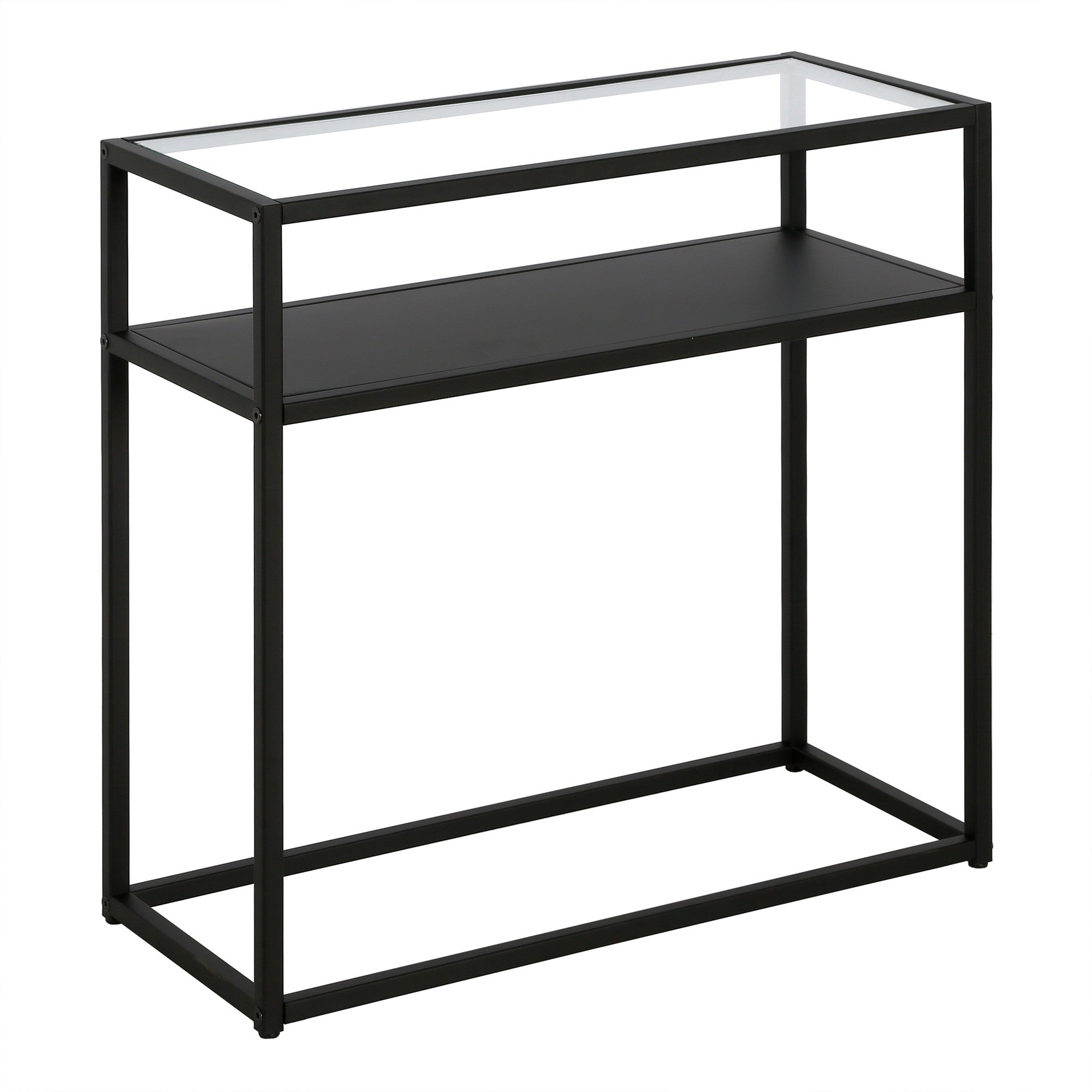 24" Black And Clear Glass And Steel End Table With Shelf