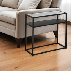 24" Black And Clear Glass And Steel End Table With Shelf