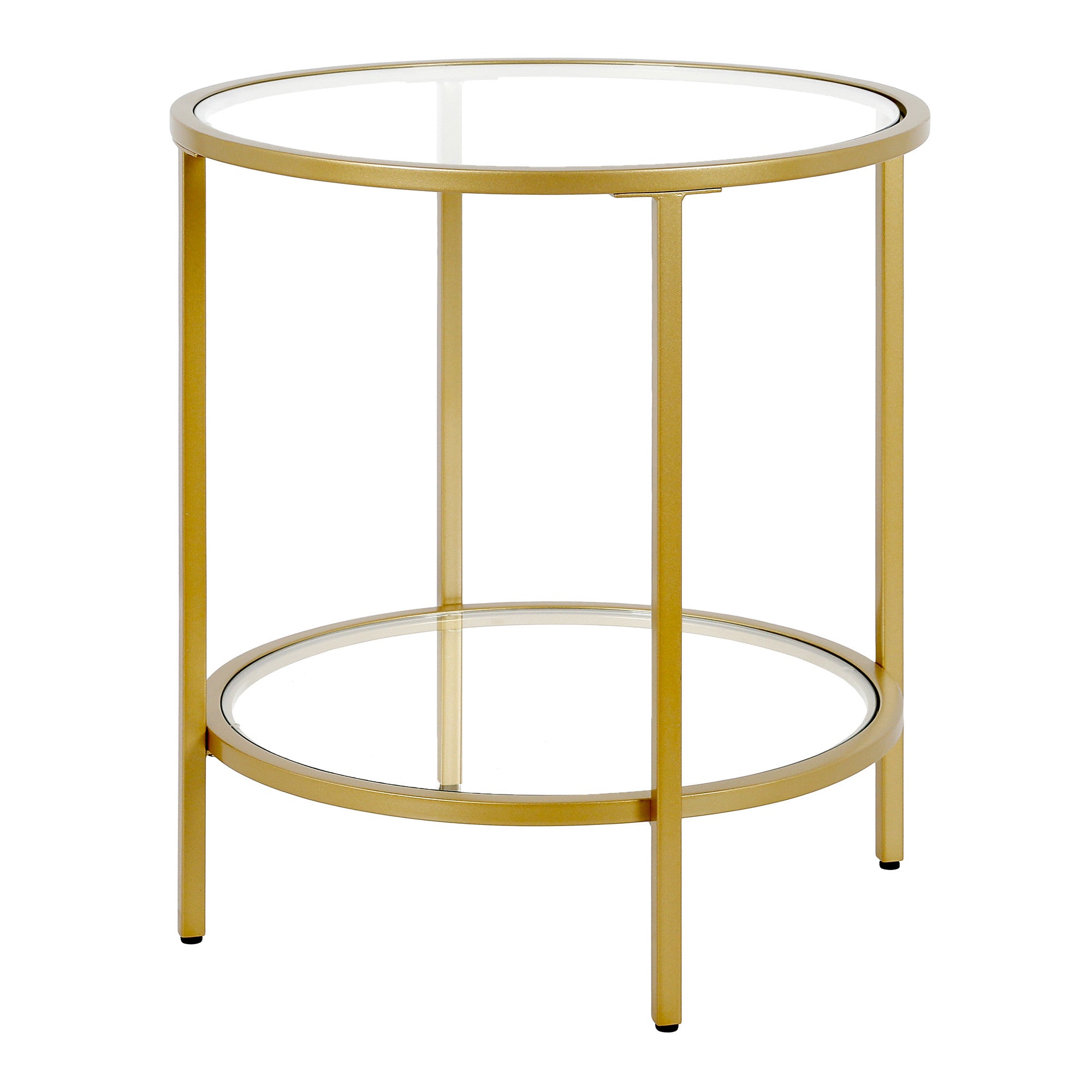 22" Brass And Clear Glass And Steel Round End Table With Shelf