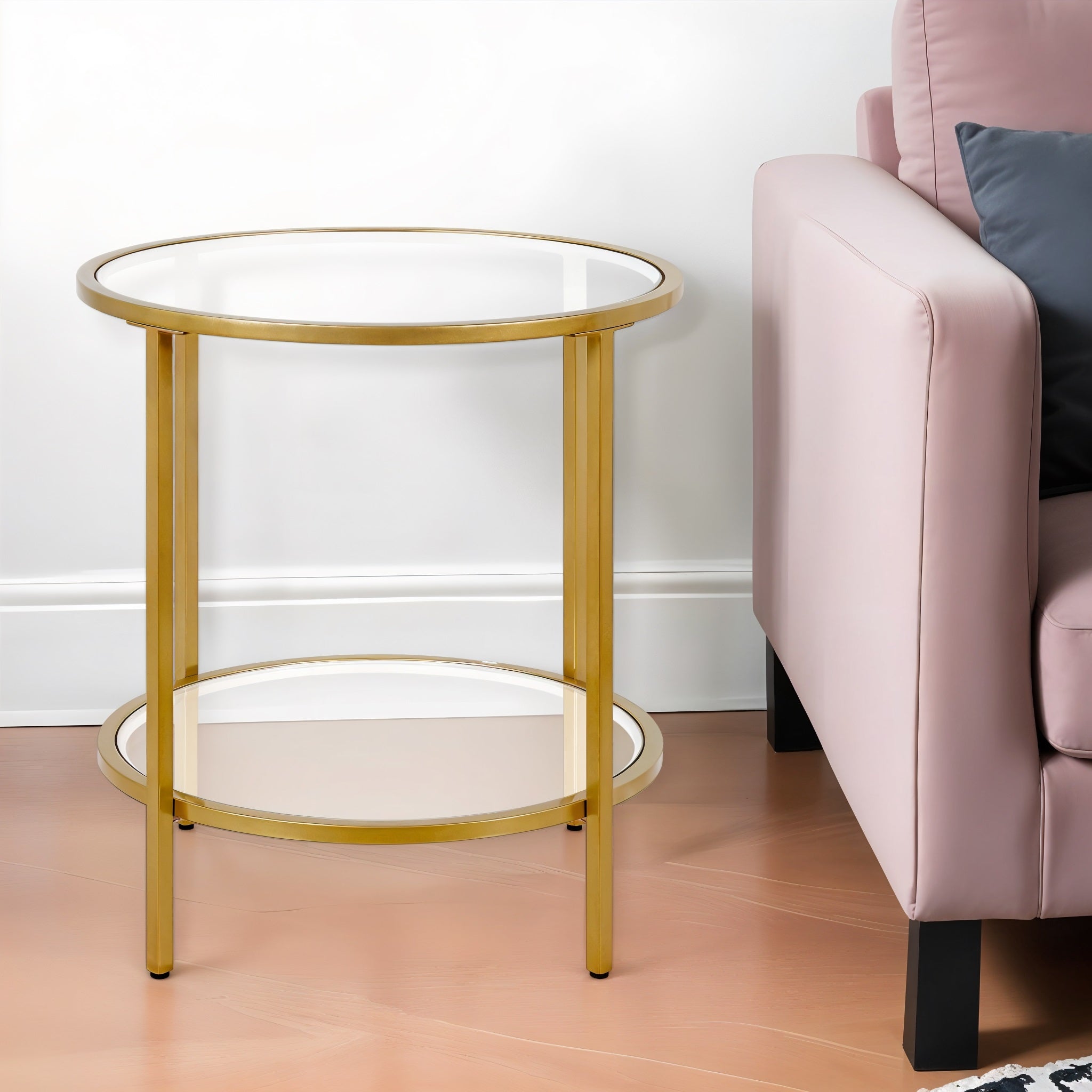 22" Brass And Clear Glass And Steel Round End Table With Shelf