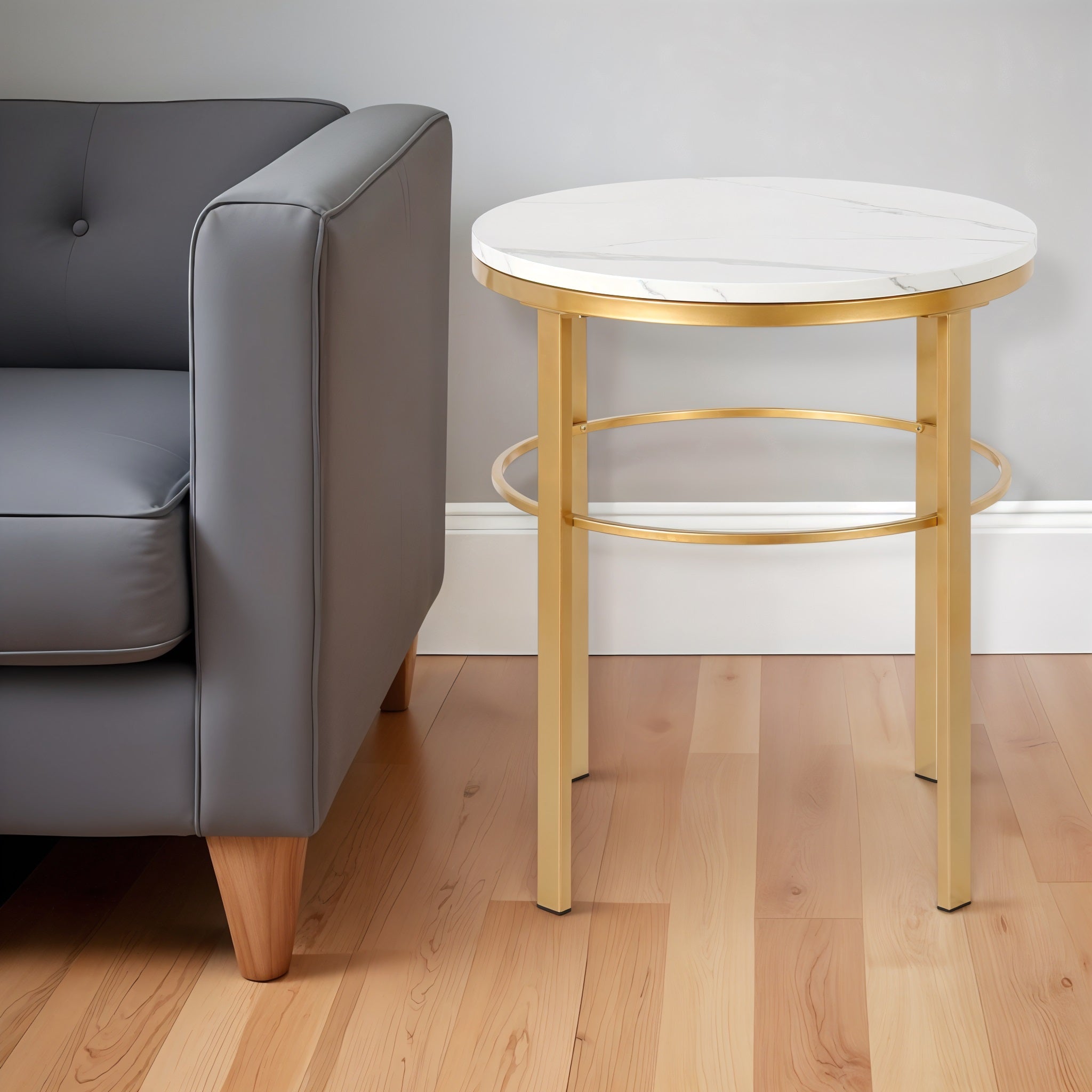 24" Brass And White Faux Marble And Steel Round End Table