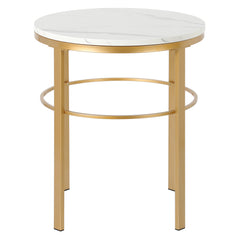 24" Brass And White Faux Marble And Steel Round End Table