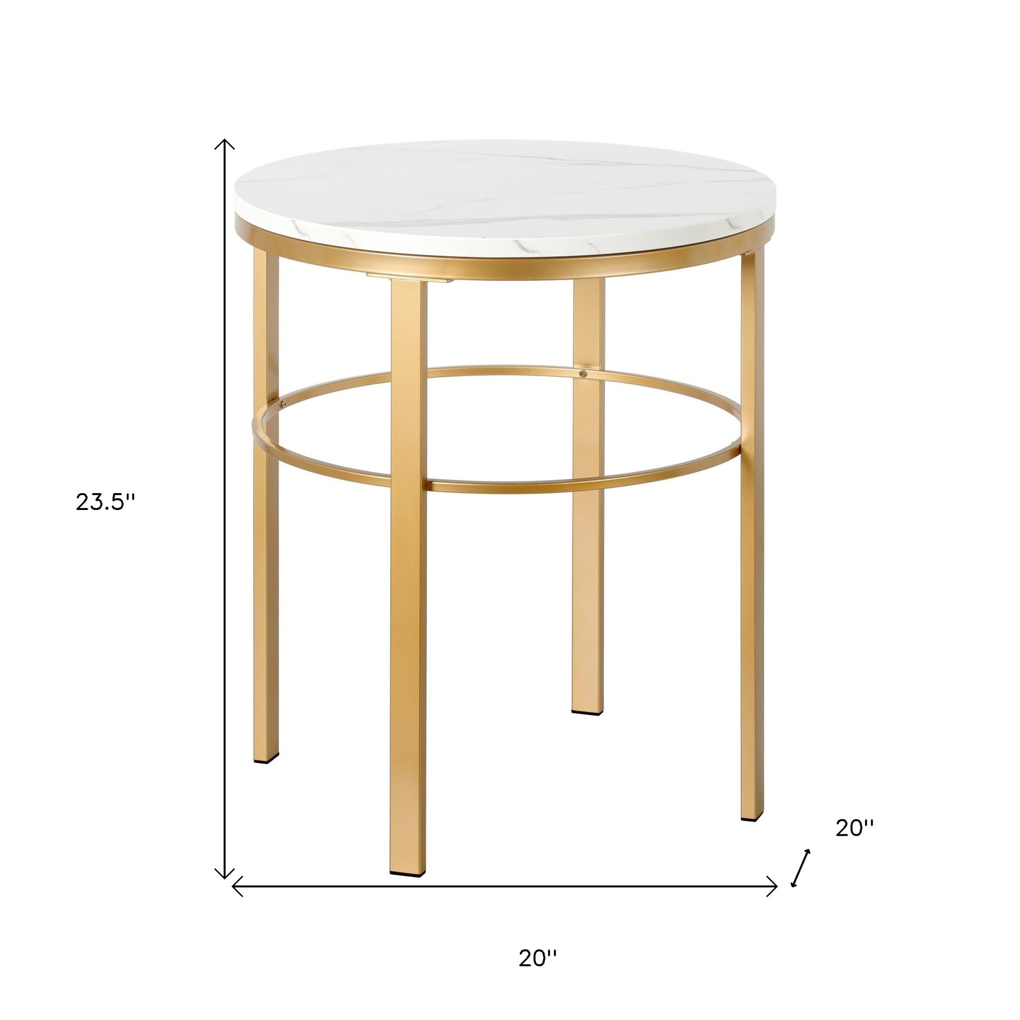 24" Brass And White Faux Marble And Steel Round End Table