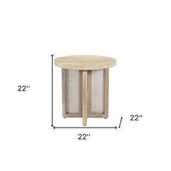 22" Natural Solid Wood And Rattan Round End Table