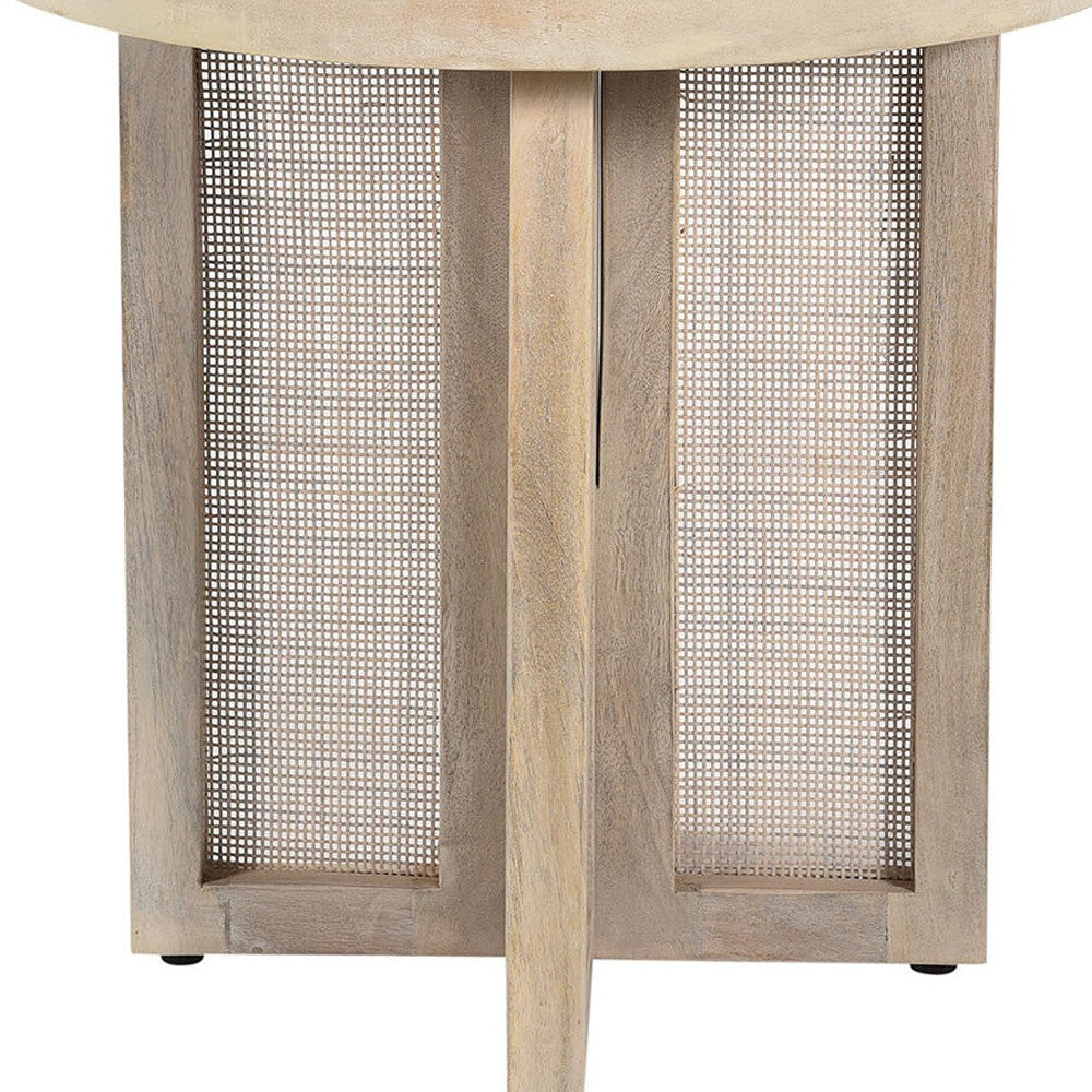 22" Natural Solid Wood And Rattan Round End Table