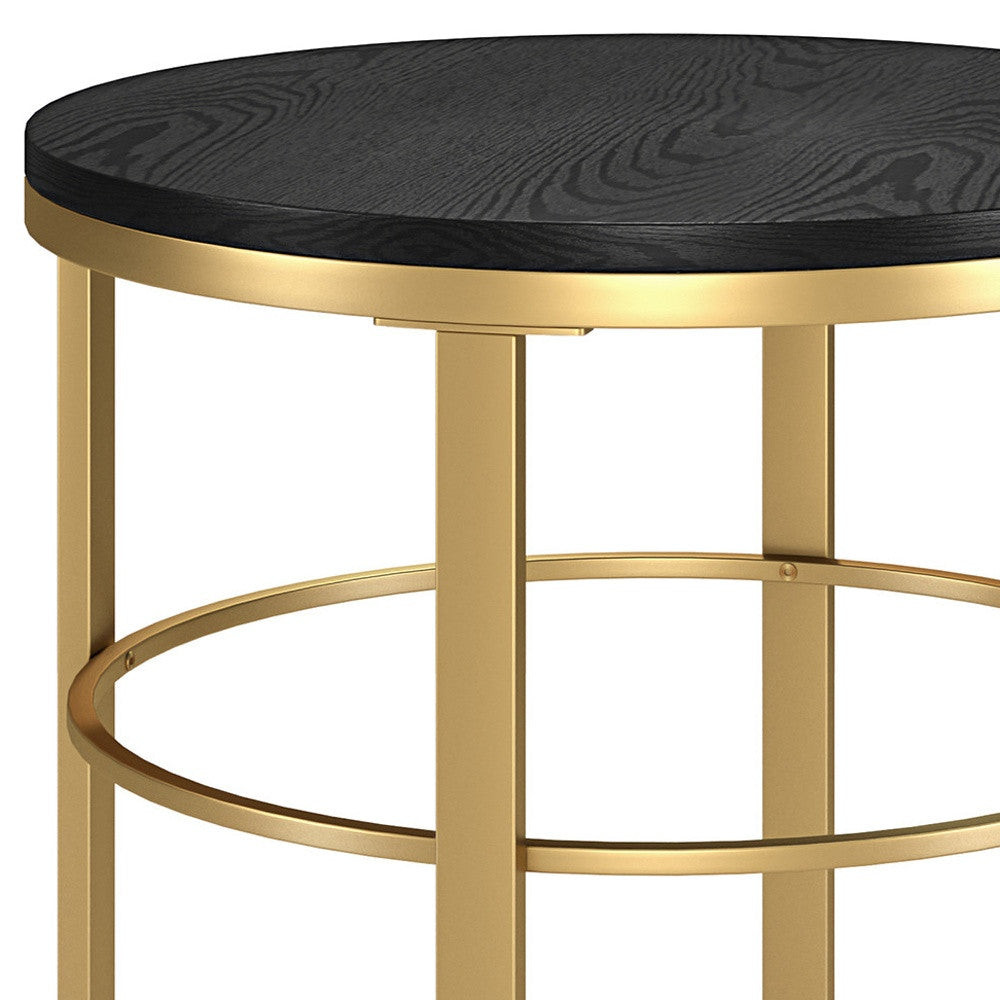 24" Brass And Black Wood And Steel Round End Table