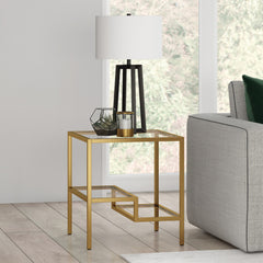 22" Brass And Clear Glass And Steel Square End Table With Two Shelves