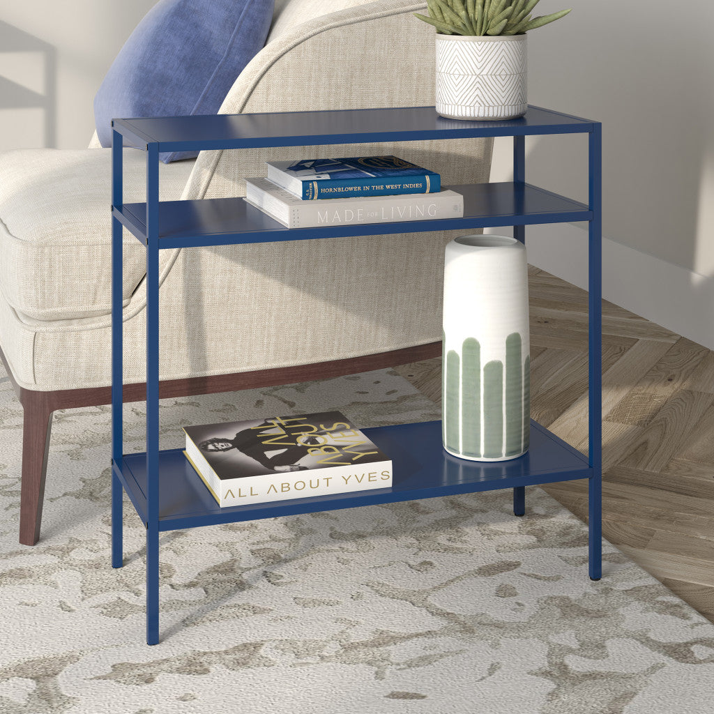 24" Blue Steel End Table With Two Shelves