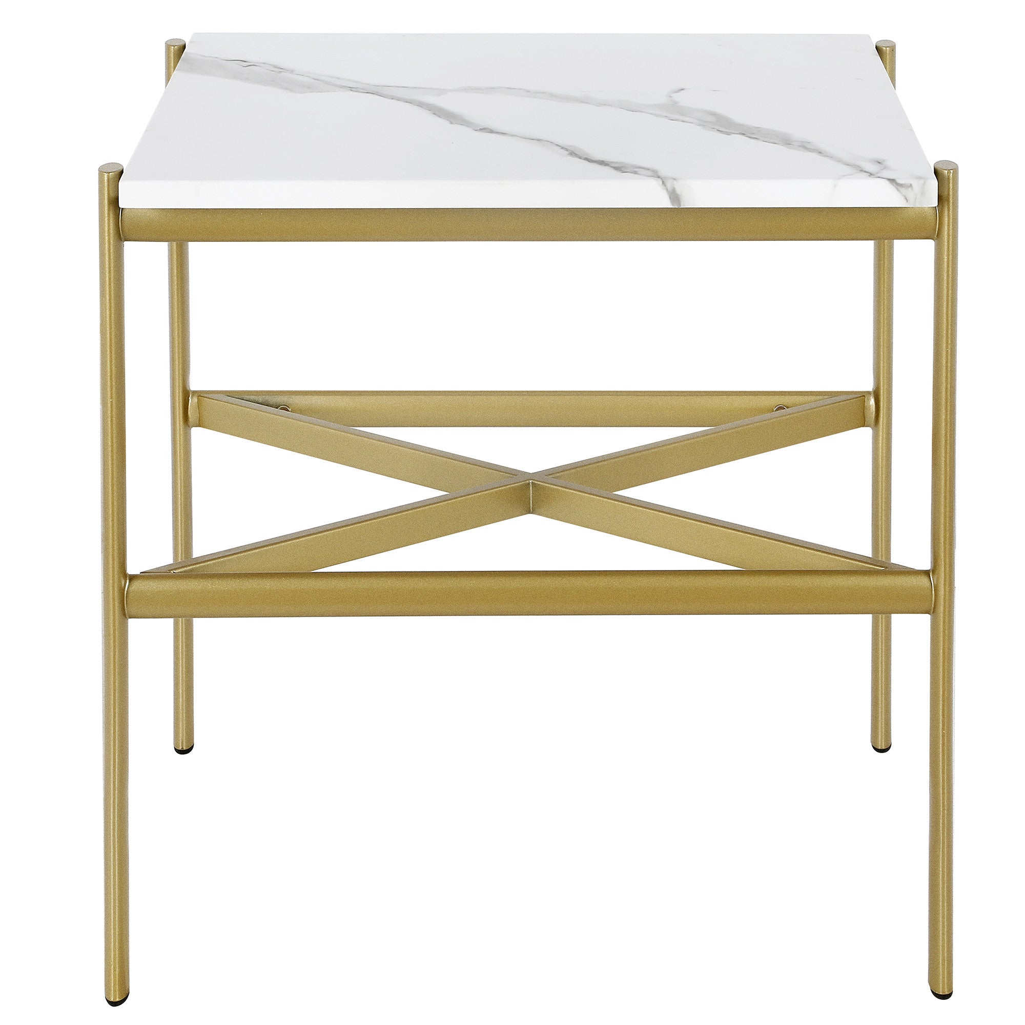 22" Gold And White Faux Marble And Steel End Table