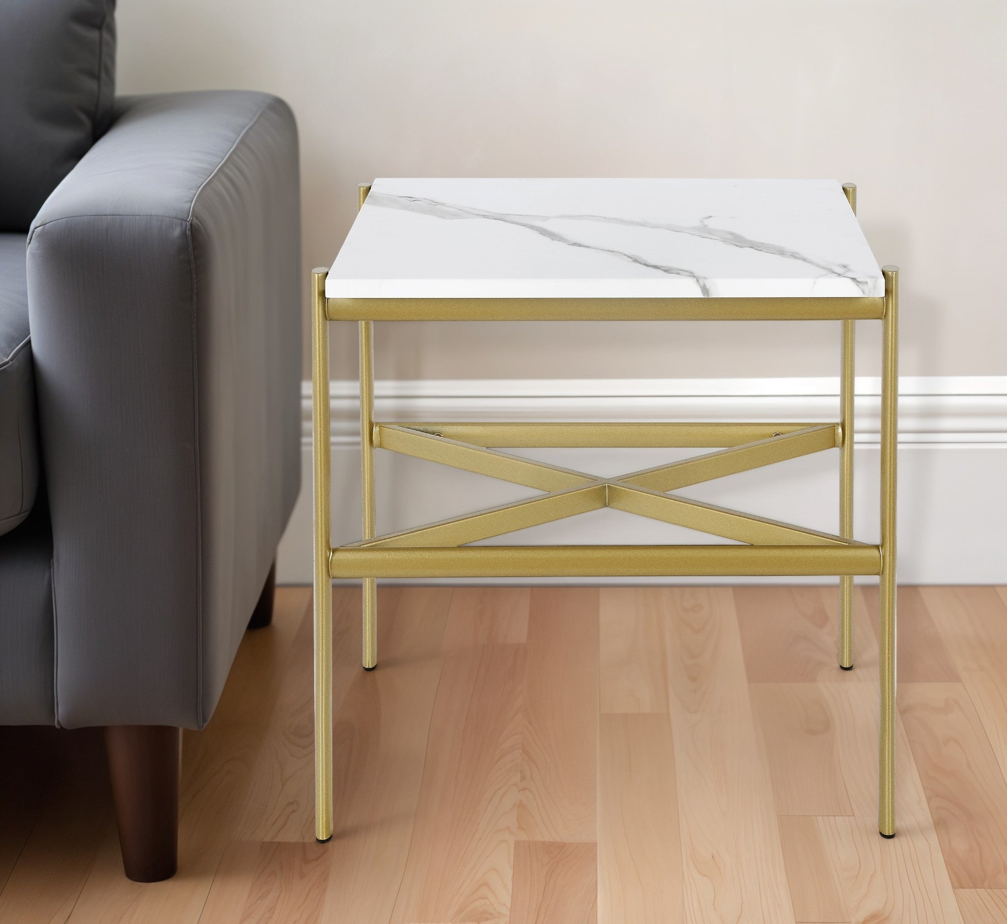 22" Gold And White Faux Marble And Steel End Table