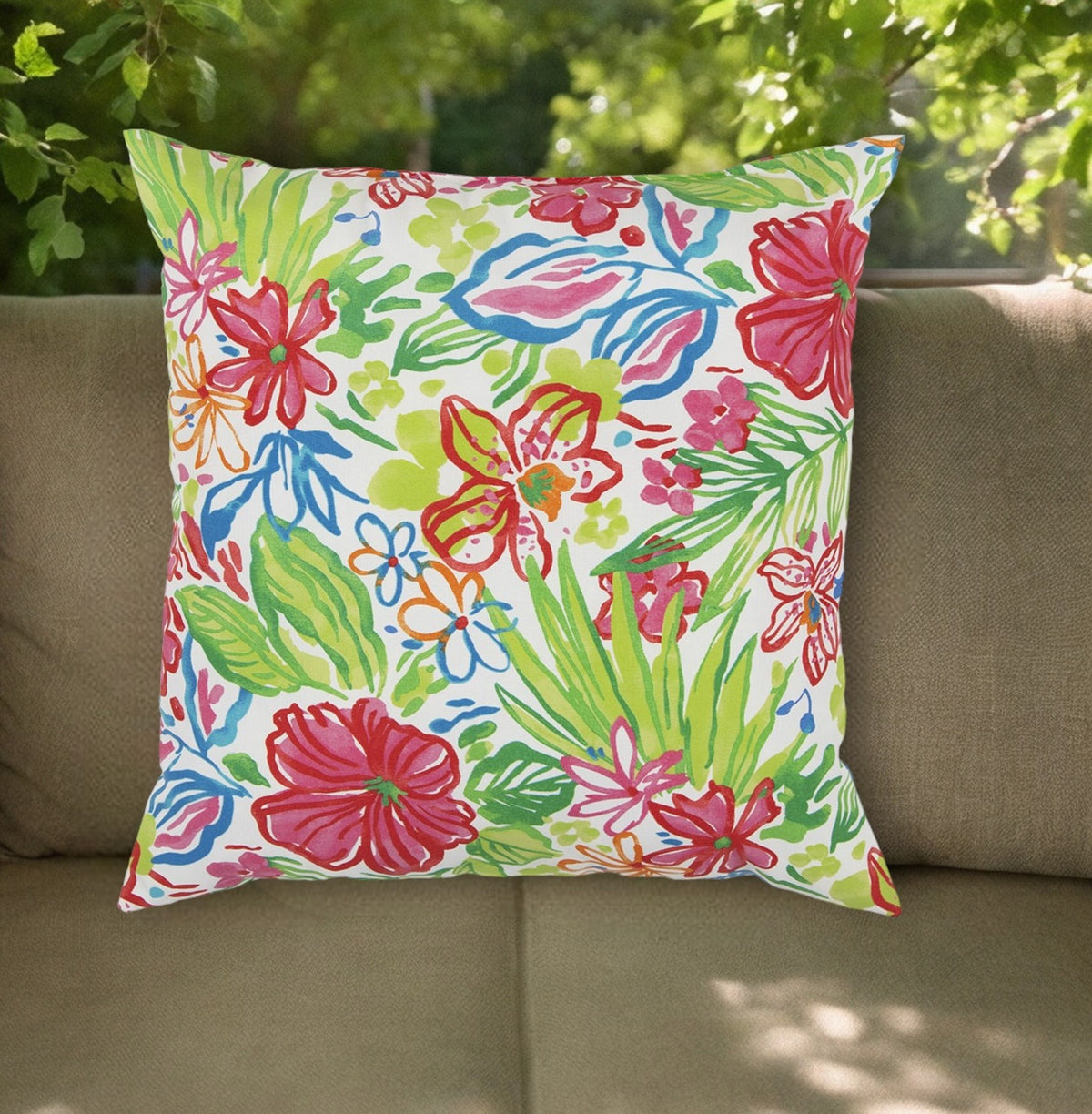 22" White Green and Pink Tropical Indoor Outdoor Throw Pillow