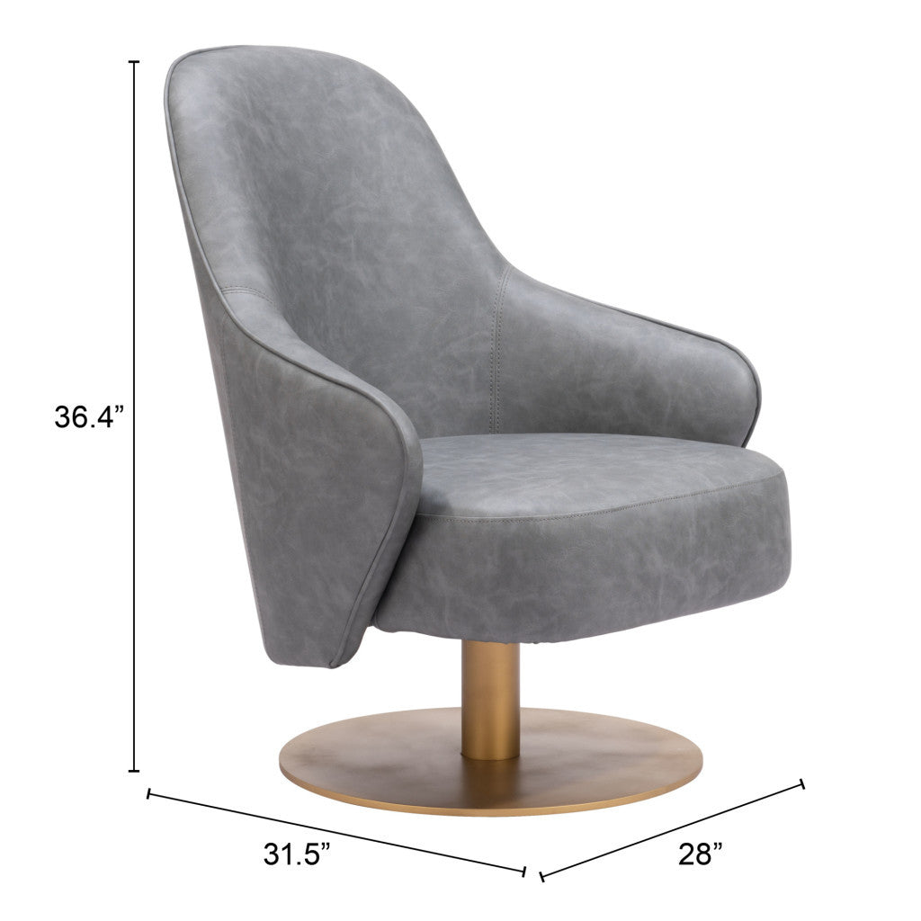 28" Gray And Gold Faux Leather Swivel Arm Chair