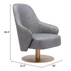 28" Gray And Gold Faux Leather Swivel Arm Chair