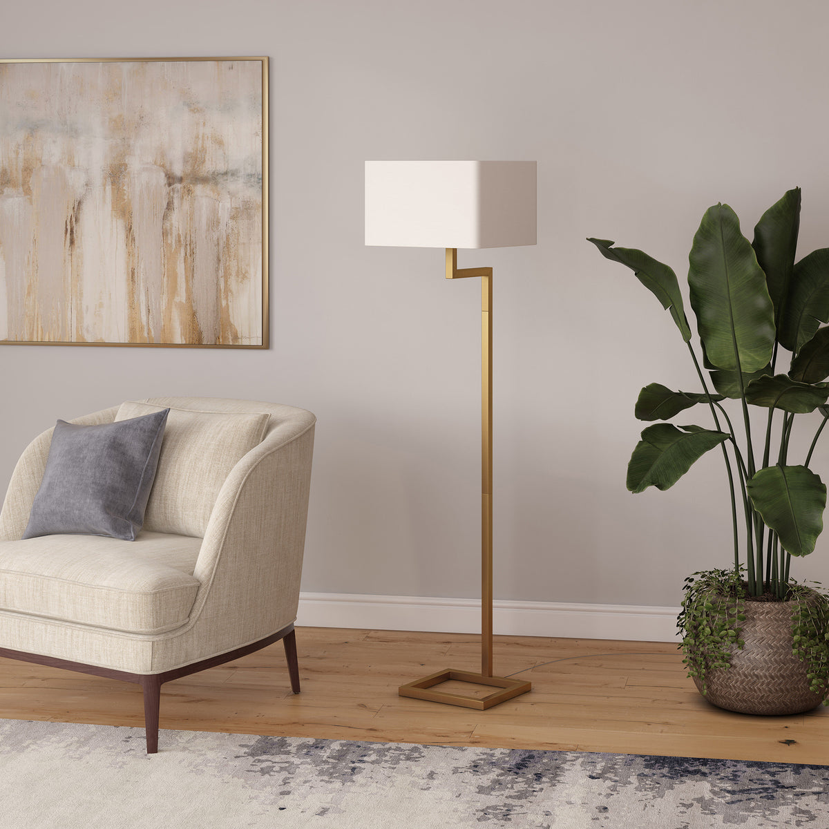 64" Brass Geometric Floor Lamp With White Fabric Rectangular Shade