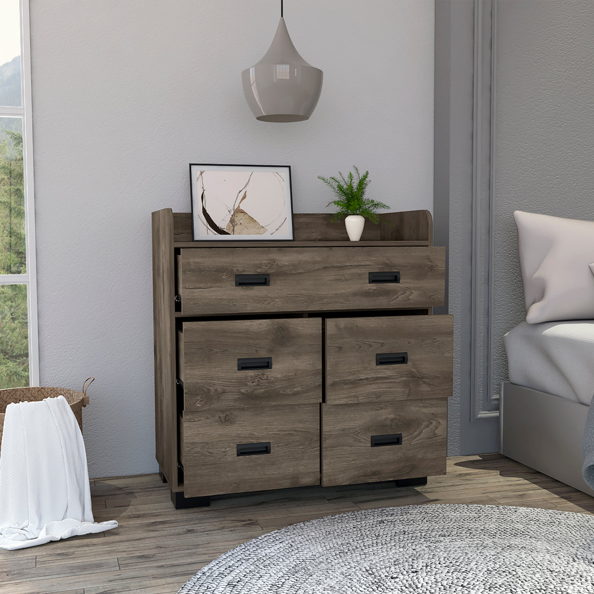 34" Dark Brown Five Drawer Dresser