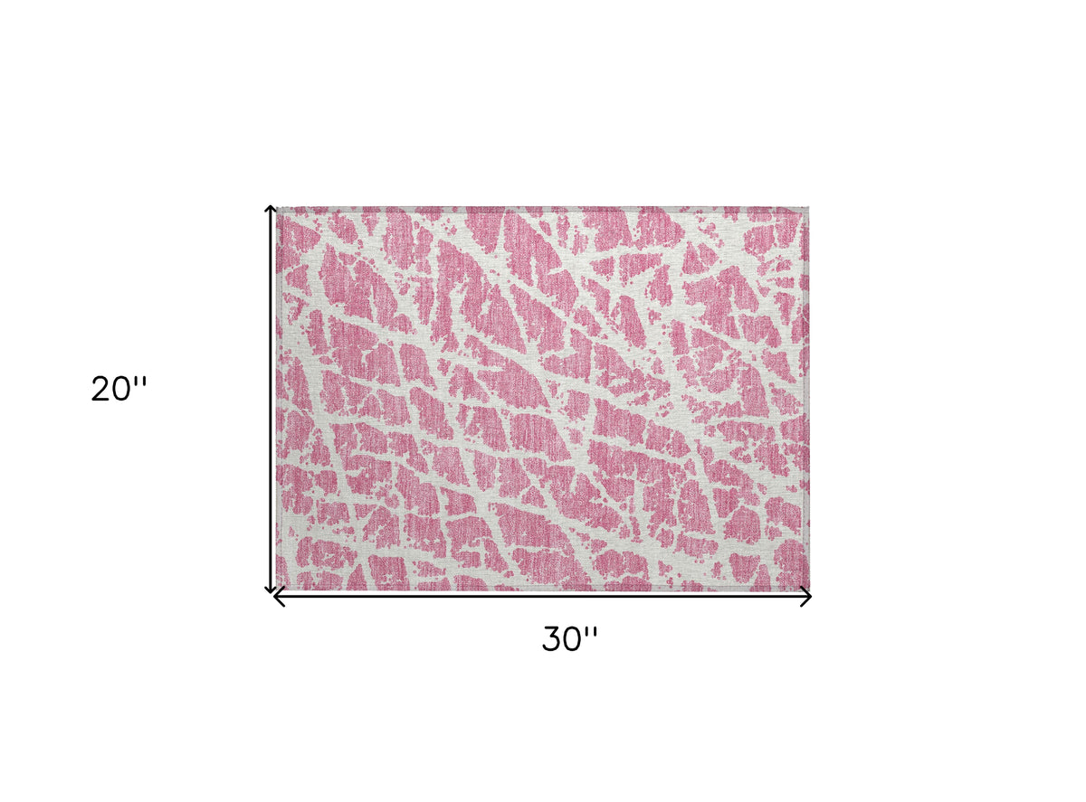 2' X 3' Pink and Ivory Abstract Washable Non Skid Indoor Outdoor Area Rug
