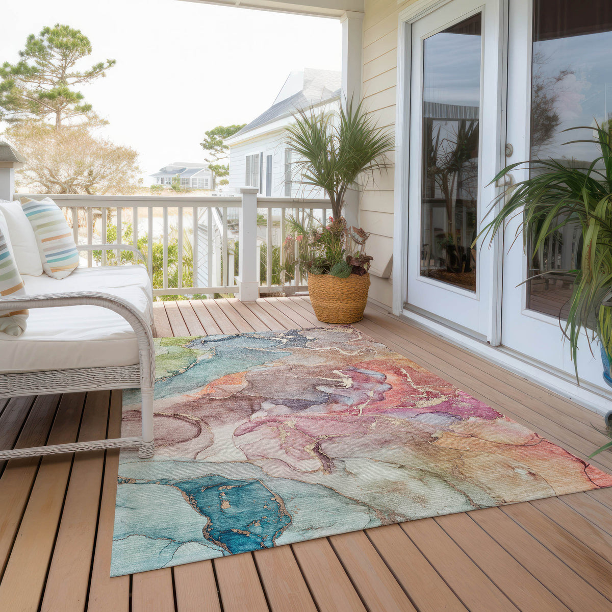 8' X 10' Blue Abstract Washable Non Skid Indoor Outdoor Area Rug