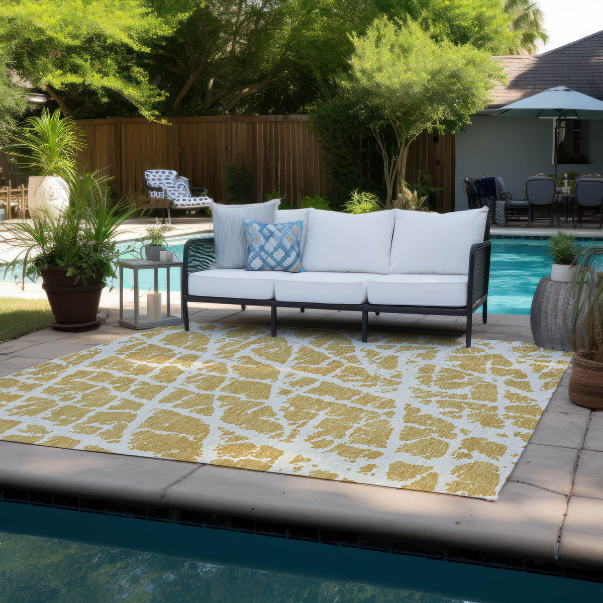 10' X 14' Gold and White Abstract Washable Non Skid Indoor Outdoor Area Rug
