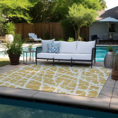 10' X 14' Gold and White Abstract Washable Non Skid Indoor Outdoor Area Rug