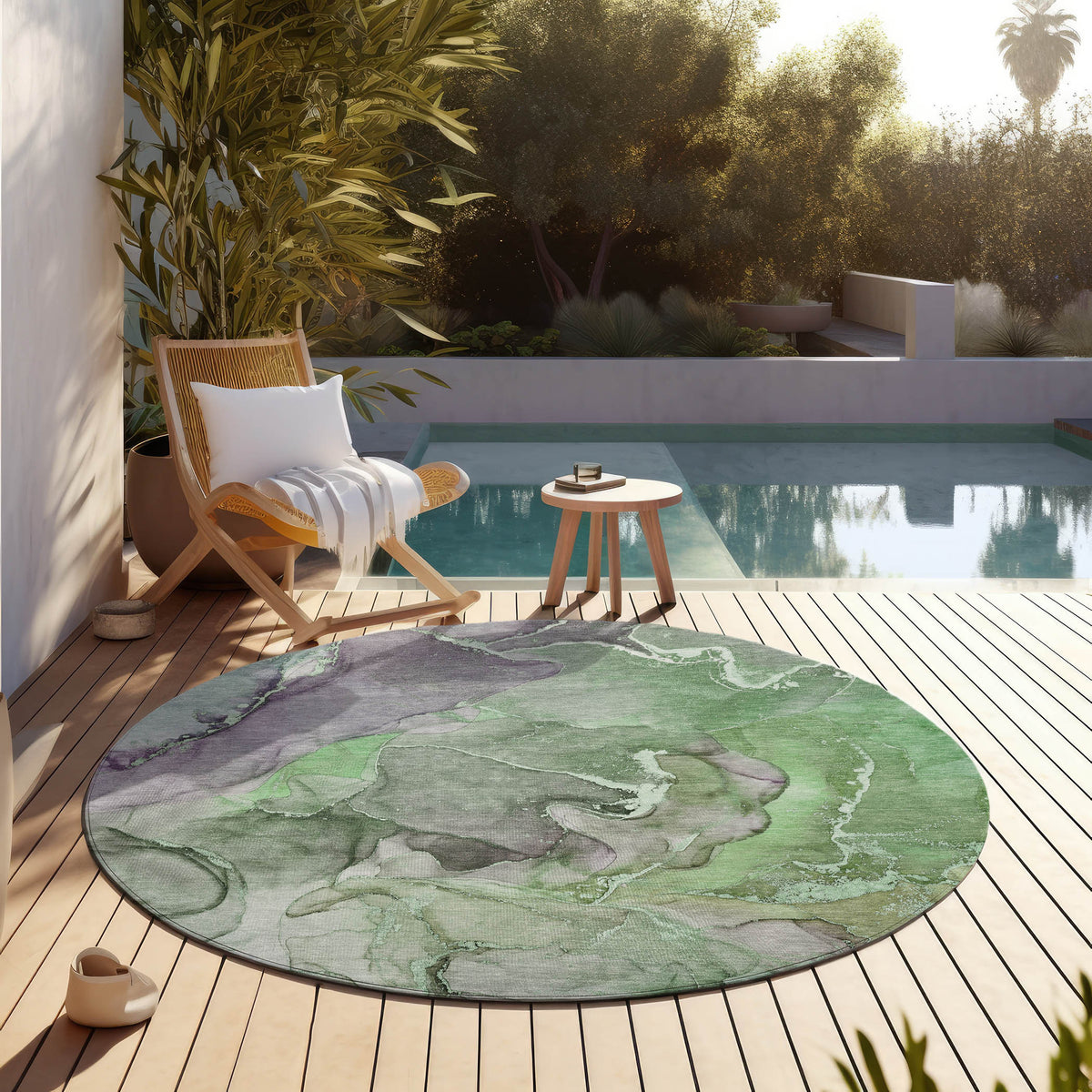 8' Round Green Round Abstract Washable Non Skid Indoor Outdoor Area Rug