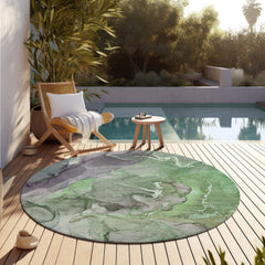 8' Round Green Round Abstract Washable Non Skid Indoor Outdoor Area Rug