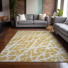 3' X 4' Gold and White Abstract Washable Non Skid Indoor Outdoor Area Rug