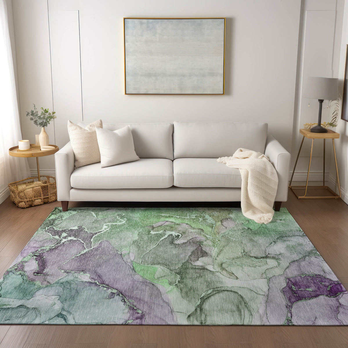 9' X 12' Green Abstract Washable Non Skid Indoor Outdoor Area Rug