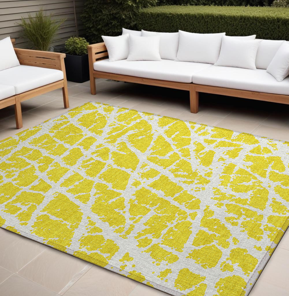 10' X 14' Yellow and White Abstract Washable Non Skid Indoor Outdoor Area Rug