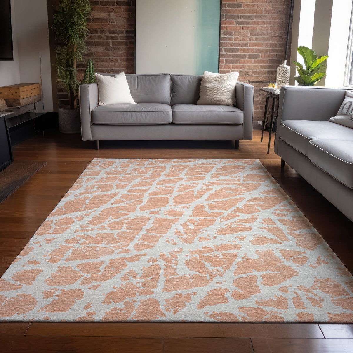 10' X 14' Peach and Ivory Abstract Washable Non Skid Indoor Outdoor Area Rug