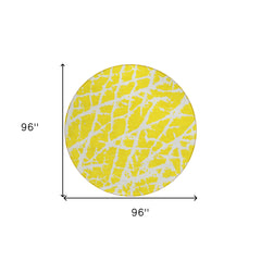 8' Round Yellow and White Round Abstract Washable Non Skid Indoor Outdoor Area Rug