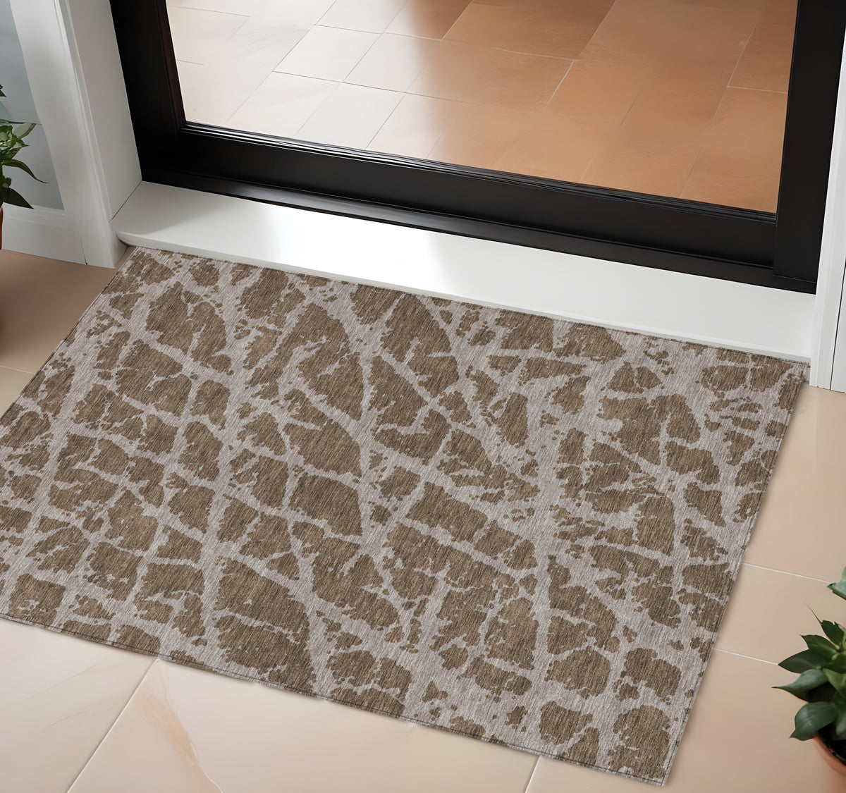 3' X 4' Brown Abstract Washable Non Skid Indoor Outdoor Area Rug