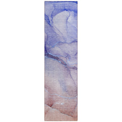 8' Runner Blue and Brown Abstract Washable Non Skid Indoor Outdoor Runner Rug