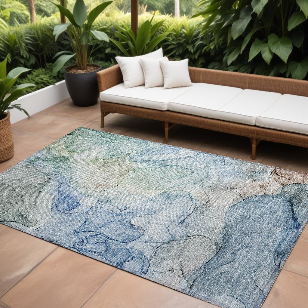 10' X 14' Blue Abstract Washable Non Skid Indoor Outdoor Area Rug