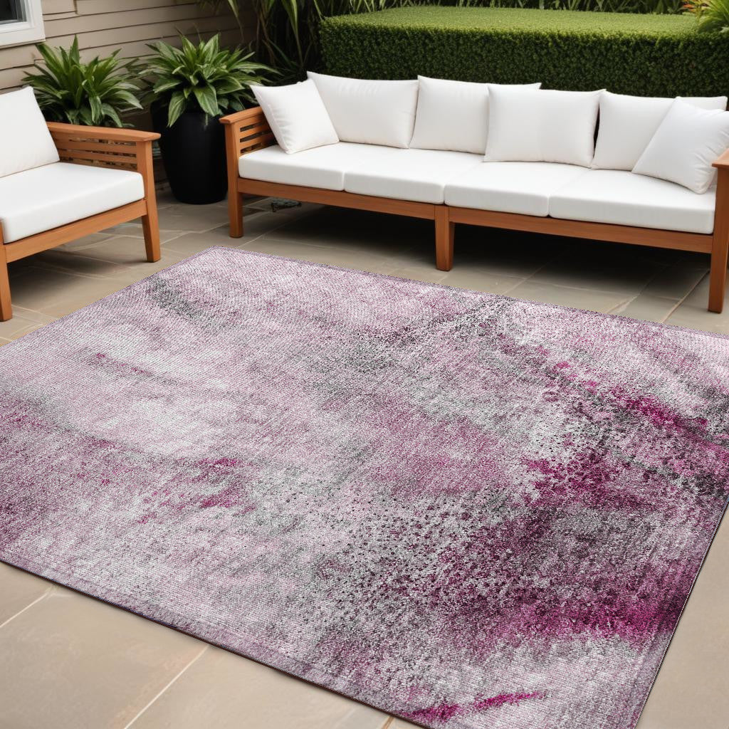 10' X 14' Pink Abstract Washable Non Skid Indoor Outdoor Area Rug