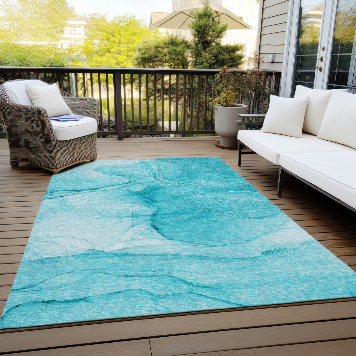 10' X 14' Teal Abstract Washable Non Skid Indoor Outdoor Area Rug