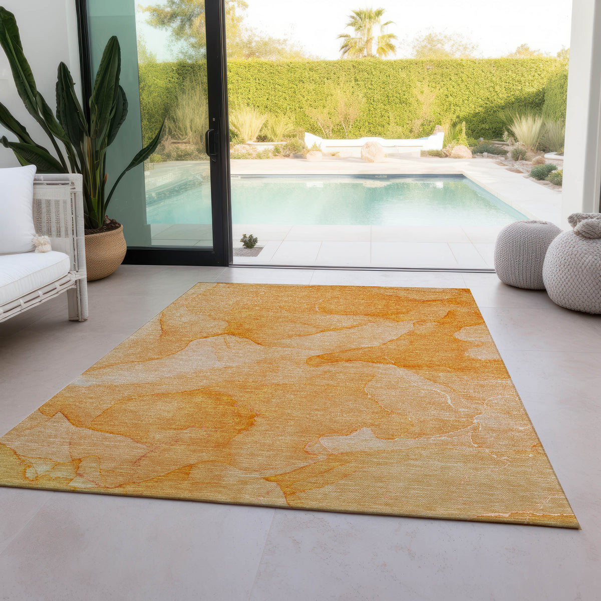 10' X 14' Orange Abstract Washable Non Skid Indoor Outdoor Area Rug