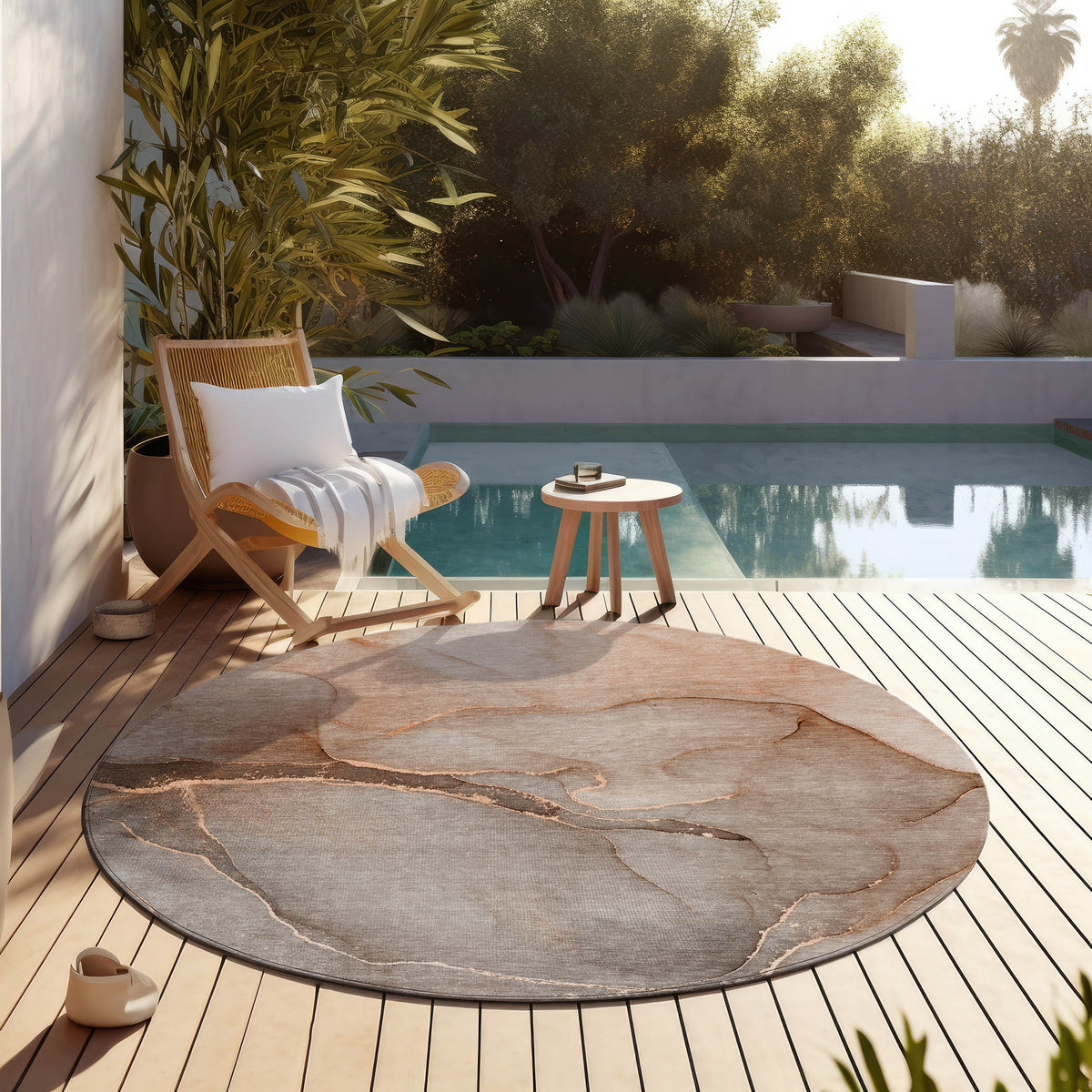 8' Round Taupe Round Abstract Washable Non Skid Indoor Outdoor Area Rug