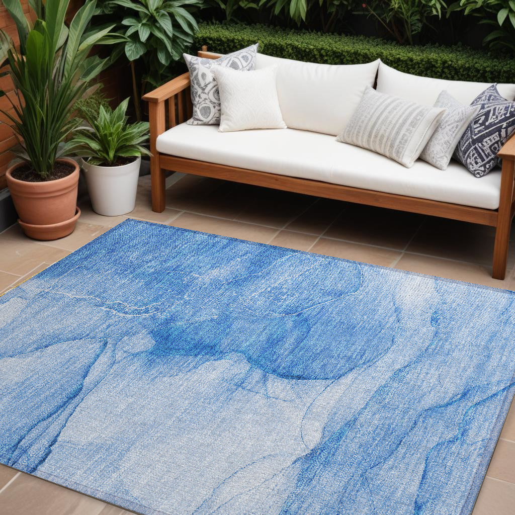 10' X 14' Blue Abstract Washable Non Skid Indoor Outdoor Area Rug