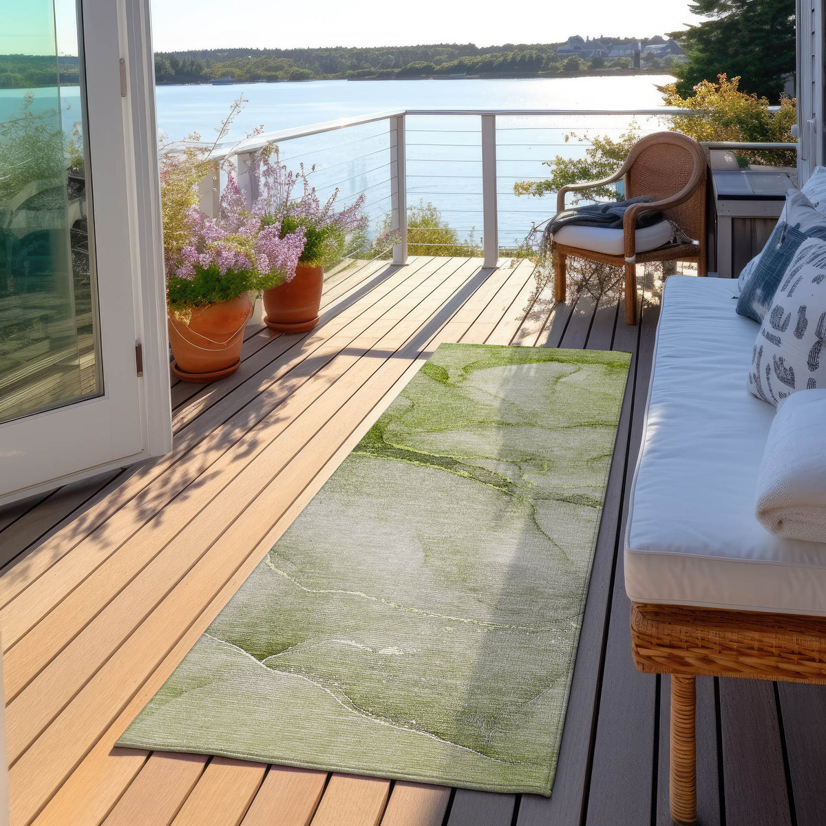 8' Runner Olive Green Abstract Washable Non Skid Indoor Outdoor Runner Rug