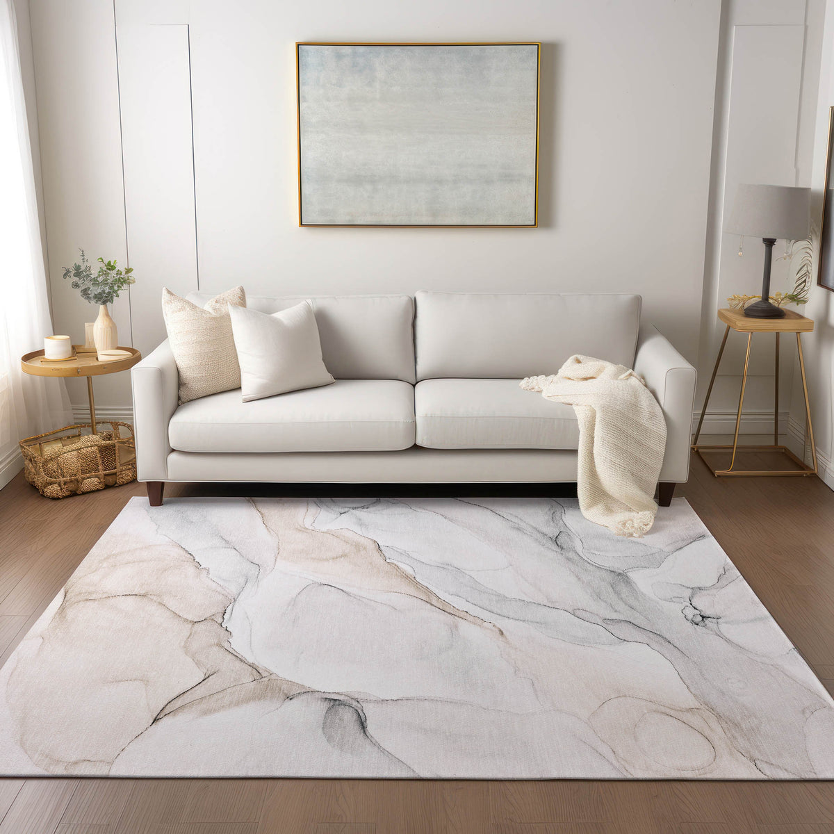 9' X 12' Beige Ivory and Gray Abstract Washable Non Skid Indoor Outdoor Area Rug