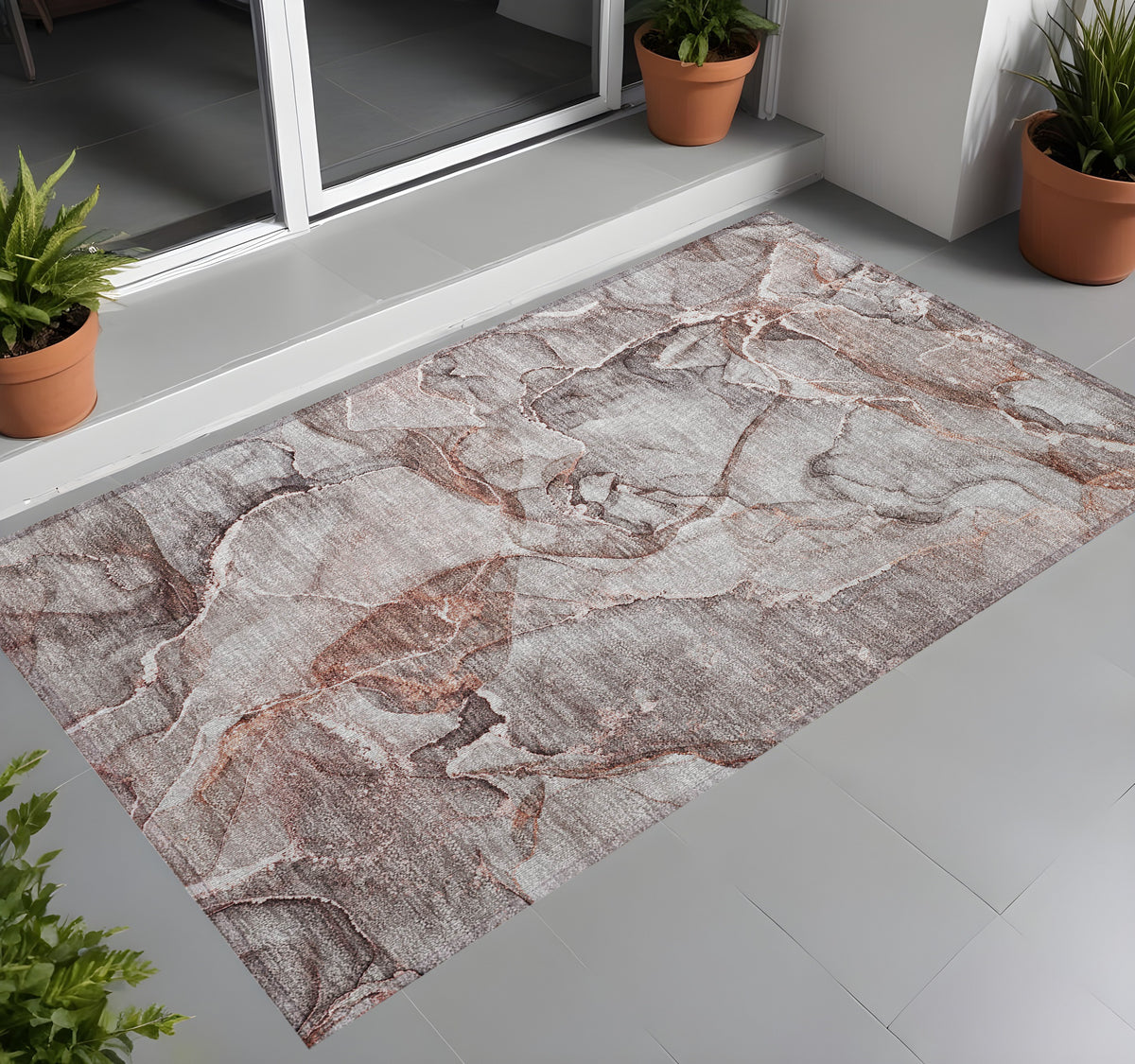 2' X 3' Gray and Red Abstract Washable Non Skid Indoor Outdoor Area Rug