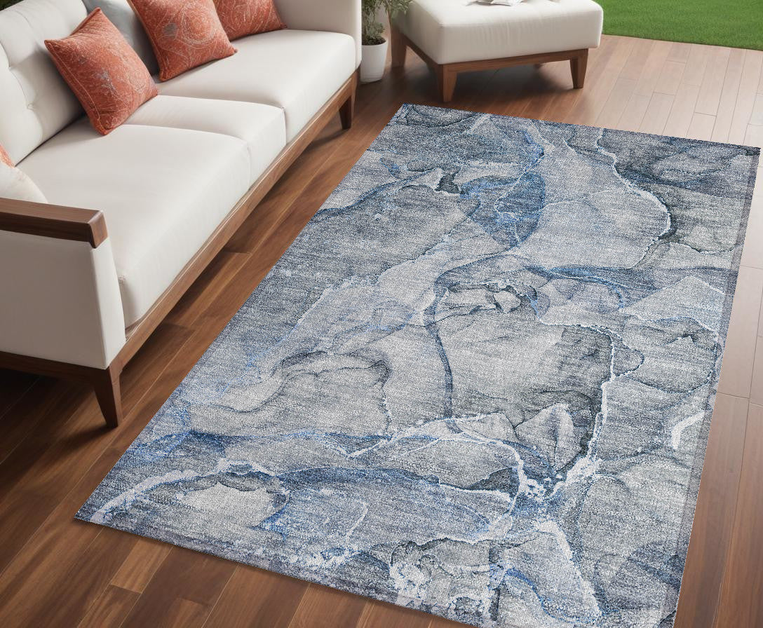 5' X 8' Blue and Gray Abstract Washable Non Skid Indoor Outdoor Area Rug